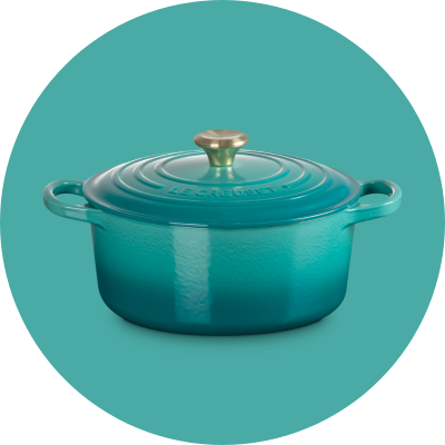 Le Creuset Round French Oven Bleu Riviera Light Gold Knob